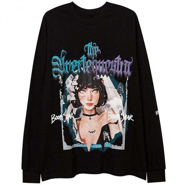 

men's hoodies & sweatshirts sweatshirt men high street girl anime printed loose casual harajuku fashion all-match o-neck pullover coupl, Black
