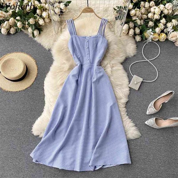 

korean plaid spaghetti strap dress women elegant square collar breasted slim vestidos vintage high waist a-line dresses 210519, Black;gray