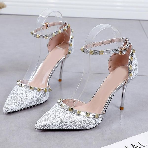 

dress shoes summer ankle rivet buckle fashion women's sandals pu leather high heels women wedding gold female party pumps, Black
