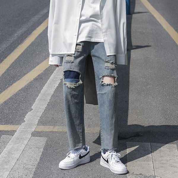 

men's jeans patch ripped ankle-length men korean loose student straight cut pants with wool edge, Blue
