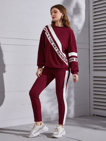 

letter graphic pullover & contrast side seam leggings h9vi#, White