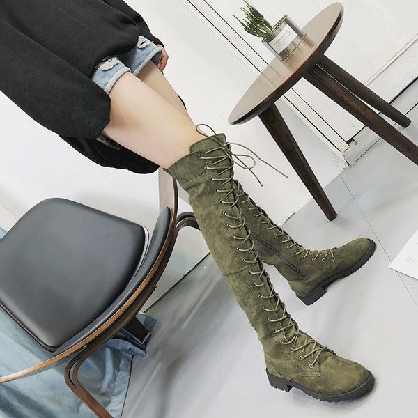 

boots over knee women flats shoes woman square heel rubber flock botas winter thigh high faux suede slim, Black