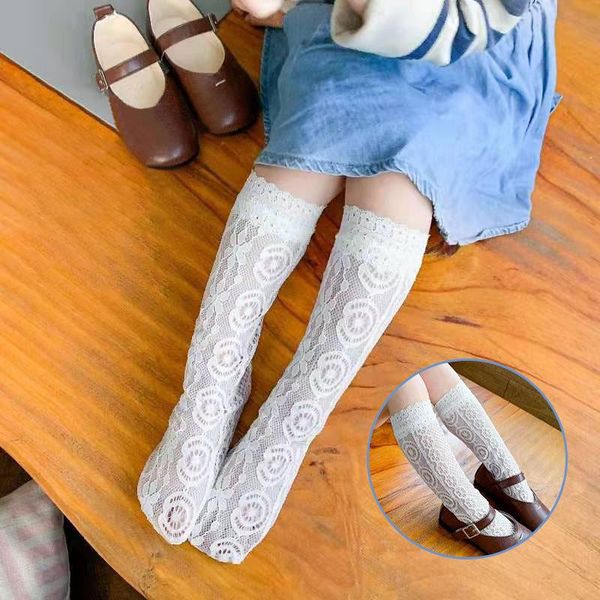 

lace floral baby socks summer mesh thin breathable kids girls knee high solid color children long, Pink;yellow