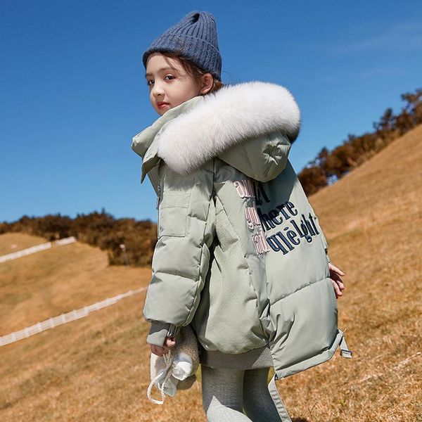 

down coat teen fashion jacket winter girl's pink casual thick older children's natural fur collar windproof and warm, Blue;gray