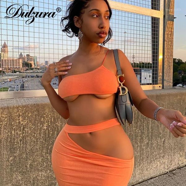 

women's tracksuits dulzura neon hollow out women two piece set crop camis one shoulder midi skirt elegant bodycon streetwear matchi, Gray