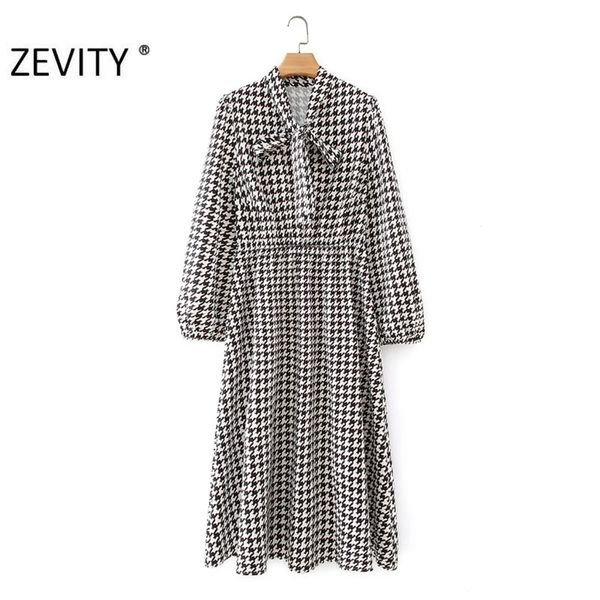 

autumn women vintage houndstooth plaid print shirt dress ladies chic bow clothing long sleeve business vestido ds4547 210420, Black;gray
