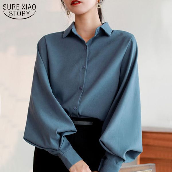 

fashion lantern sleeve solid women blouse casual cardigan elegant shirts female clothes blusas mujer 8026 210508, White