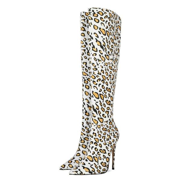 

boots women knee high leopard pattern stiletto heel shoes, Black