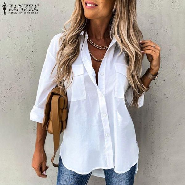 

female office blusa femininas womens autumn fashion blouses zanzea irregular lapel shirts casual long sleeves plus size 5xl, White