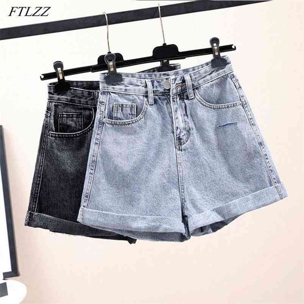 

summer high waist vintage women blue denim shorts casual female solid color streetwear wide leg jeans 210430, Black