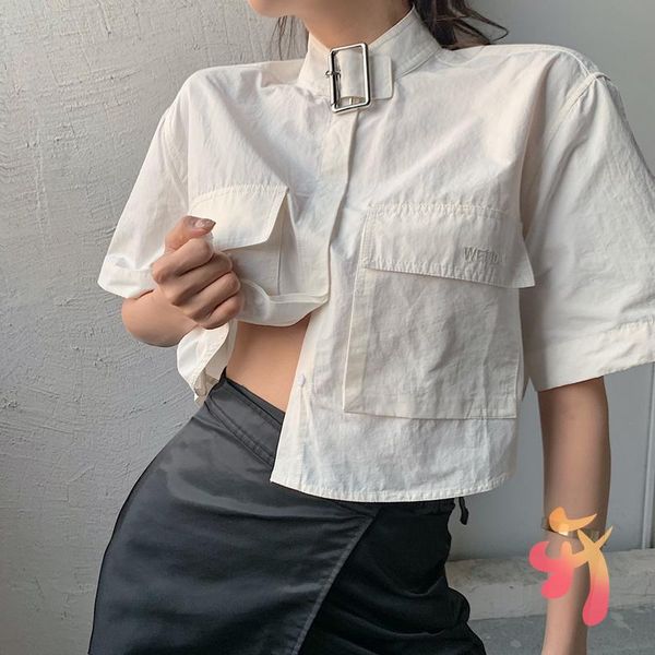 

gothic style we11done shirt women clothes high-quality female short dark oversize welldone trend big pocket casual shirts men's, White;black