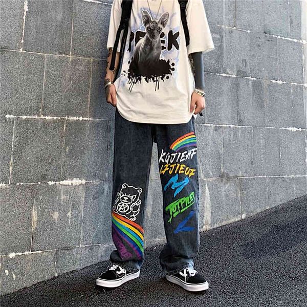 

jeans 2021 casual summer female jeans long women's down streetwear graffiti print pants za5047, Blue