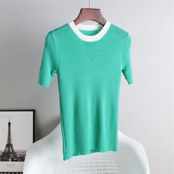 

women's knits & tees summer patchwork knitted short sleeve pullovers women slim o-neck thin white black korean fashion s