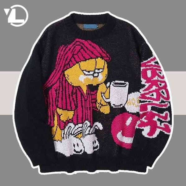 

cartoon anime sweater men cat pattern oversized hip hop pullover women jumper grandpa ugly sweaters vintage streetwear new, Black