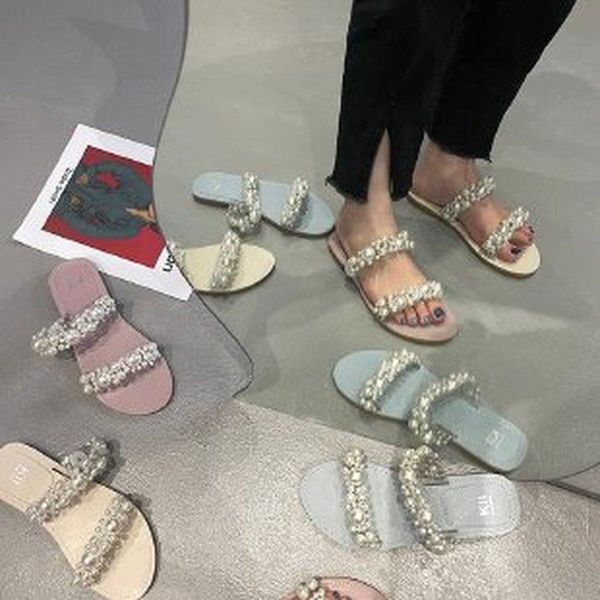 

slippers 2021 summer women bohemian pearl flat bottom sandals open toe ladies shoes crystal flip flops casual, Black