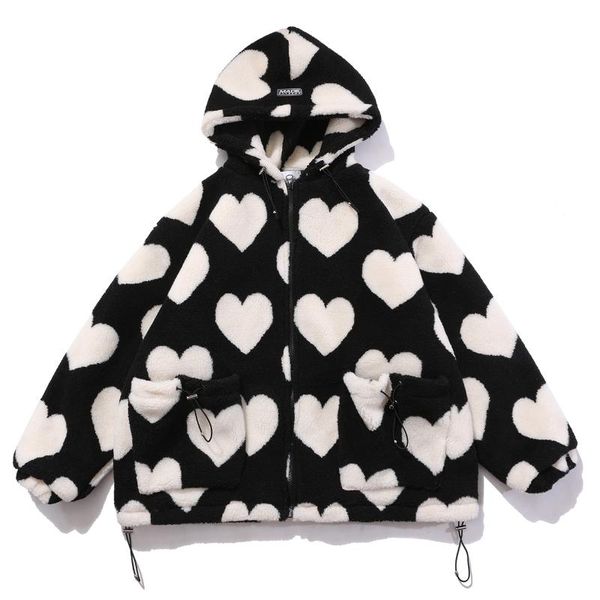 

winter harajuku sherpa coat full love print jacket hip hop thick parka lambswool jackets men women streetwear outwear furry men's down, Black