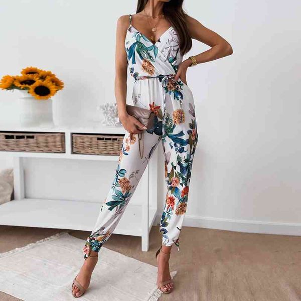 

women's jumpsuits & rompers arrival spaghetti strap women summer floral print v neck sleeveless casual boho pencil lady opkd, Black;white