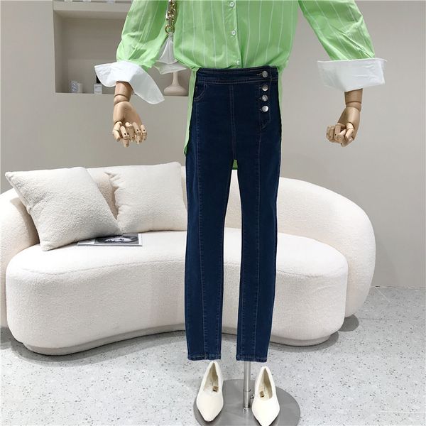 

jeans spring summer custom-made female niche design breasted waistpants high-waisted show thin pencil pants leggings, Blue