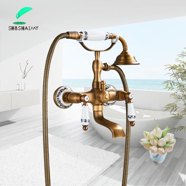 

antique brass bathroom/bathtub faucet wall mounted chinese traditional dual handles swive spout cold mixer taps bathroom shower sets