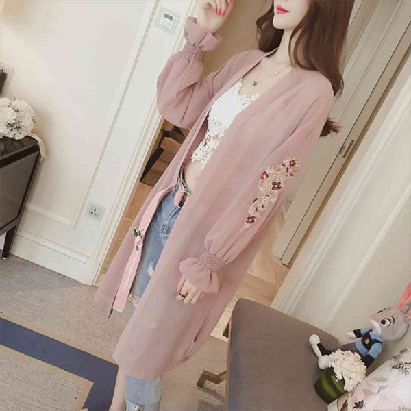 

fashion summer newwomen chiffon cardigan womens sweaters embroidery flare sleeve elegant sunblock long women, White;black
