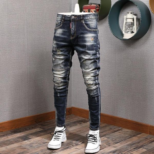 

men's jeans fashion streetwear men slim fit elastic destroyed ripped denim trousers painted spliced designer hip hop punk biker pants, Blue