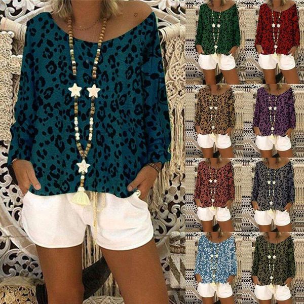 

women's t-shirt autumn leopard print round neck leaky shoulder l1xe, White