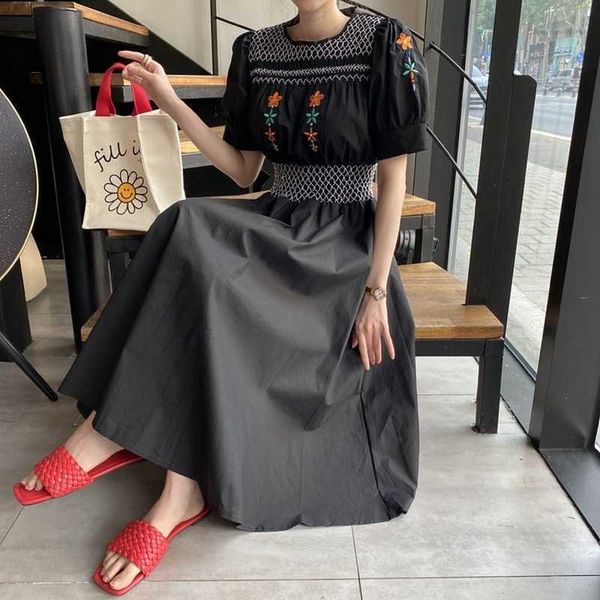 

casual chic loose black o neck puff sleeve floral embroidered dress women high waist swing slim mid retro fashion vestido 210610, Black;gray