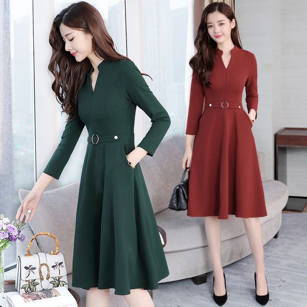 

plus size 2021 autumn winter new black midi dresses women elegant korean bodycon v-neck dress party long sleeve runway vestidos, Black;gray