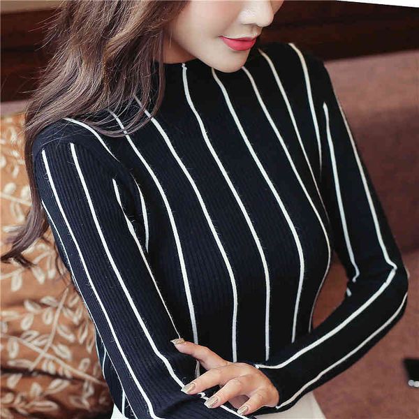 

sweater women's autumn winter korean-style half-collar striped slim long sleeves pullovers 00e 210420, White;black