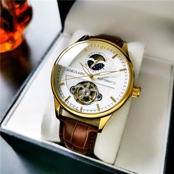 

wristwatches 2021 aokulasic brand watch men automatic mechanical mens tourbillon fashion 40mm waterproof luxury moon, Slivery;brown