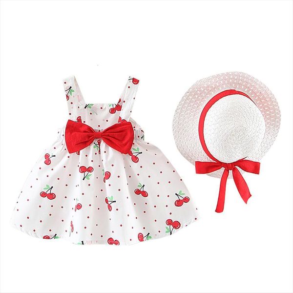 

childrens girls sleeveless cherry girl dress point princess bow hat costume children polka dot, Red;yellow
