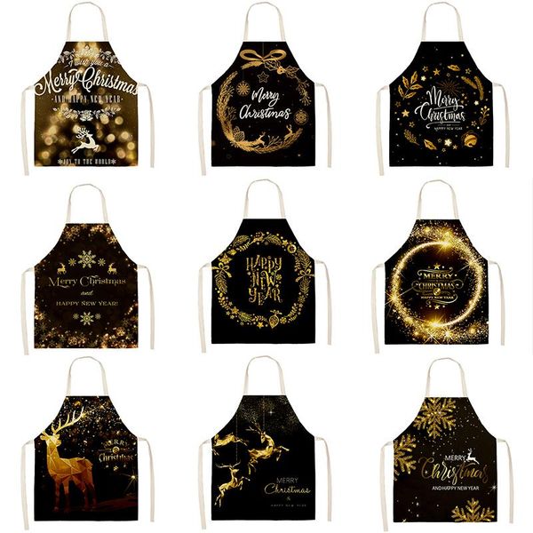 

christmas golden black gift pattern cleaning aprons 53*65cm home cooking kitchen apron cook wear cotton linen bibs 46378-3