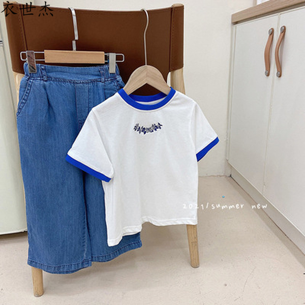 

2022 childrens summer clothes new girls fashion casual embroidered short-sleeved t-shirt boys baby bottoming shirt, Blue