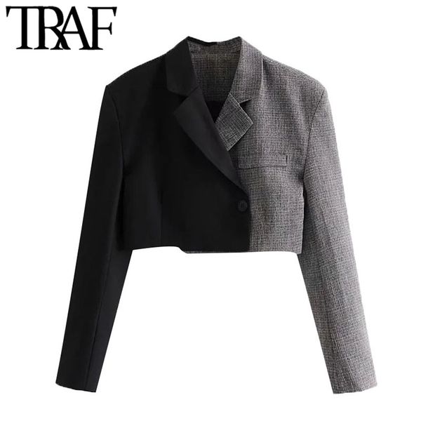 

traf women fashion patchwork cropped blazer coat vintage notched collar long sleeve female outerwear chic 210415, Black;brown