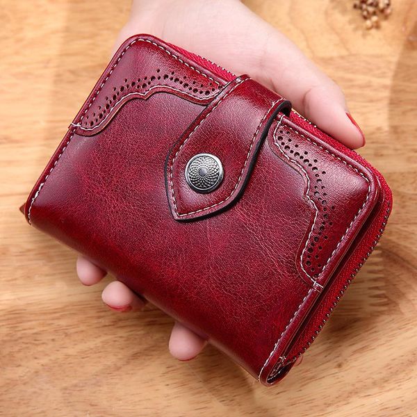 

wallets women wallet retro oil wax leather women's short zipper, Red;black