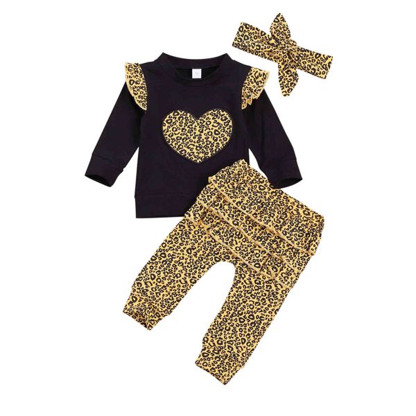0-24m outono primavera nascido infantil bebê meninas leopard roupas conjunto amor coração de manga comprida top ruffles calças roupas 210515