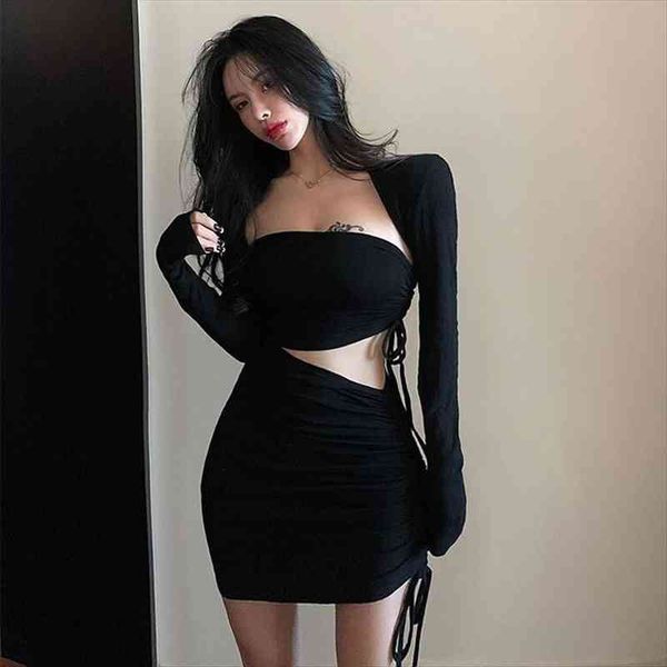 

2 pcs party nightclub womens dress long sleeve shawl robe korean style fashion dance ktv mini lady vintage vestidos, Black;gray
