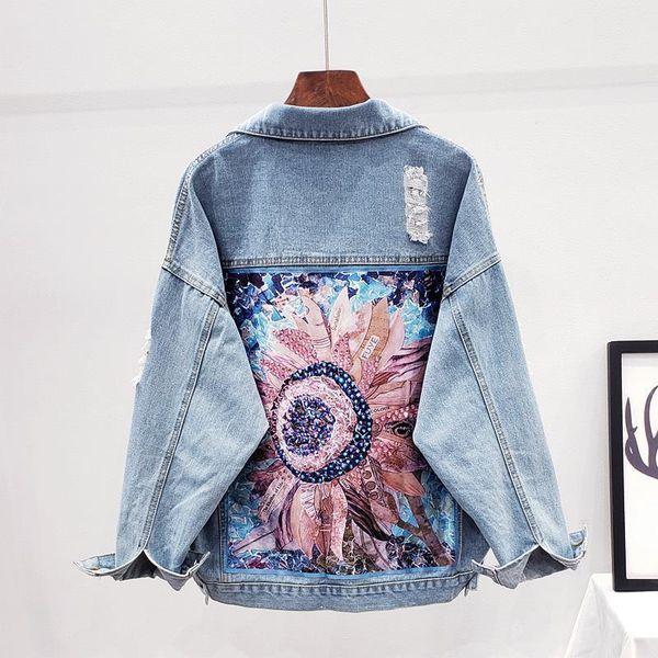 

women's jackets streetwear style print denim jacket coat diamonds hole bf jeans outwear female spring autumn casual loose cowboy, Black;brown