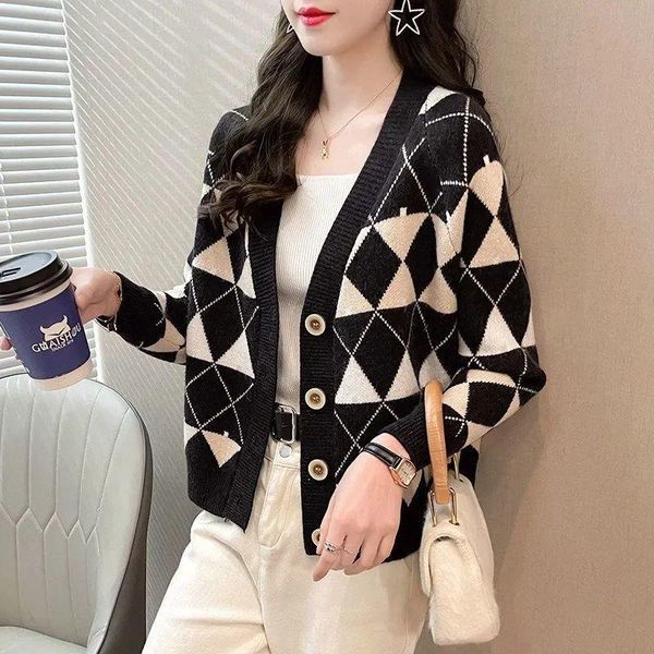 

women's knits & tees sweater cardigan autumn winter 2021 korean v neck loose knitted outwear fashion single breasted short argyle, White