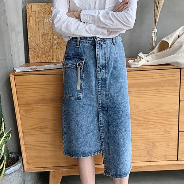 

skirts summer irregular tassel pocket high waist plus size women denim skirt spring korean style casual a-line female student, Black