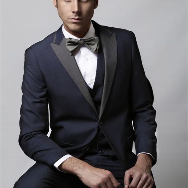

men's suits & blazers arrival groomsmen navy blue groom tuxedos peak grey lapel men wedding man bridegroom (jacket+pants+vest+tie), White;black