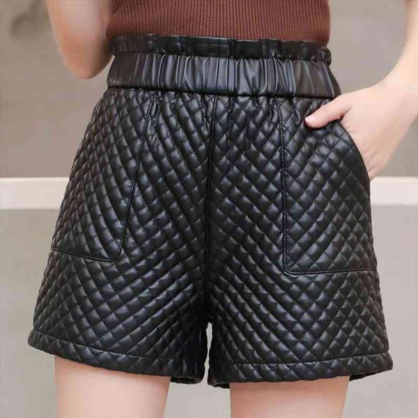 

autumn winter pu leather womens shorts high waist faux elastic black, White;black