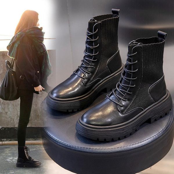 

boots autumn winter women leather genuine ladies plush inside warm casual shoes patchwork ankle, Black