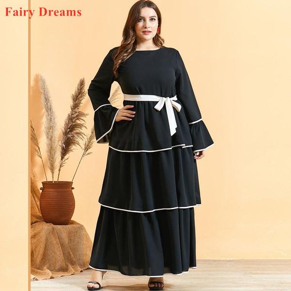 

muslim women's abaya round neck black multi-layer ruffled flared long-sleeved dress islamic lady clothing robe plus size dubai ethnic, Red