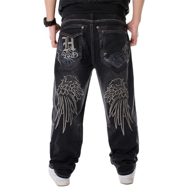 

men street dance hiphop jeans fashion embroidery black loose board denim pants overall male rap hip hop jeans plus size 30-46 211104, Blue