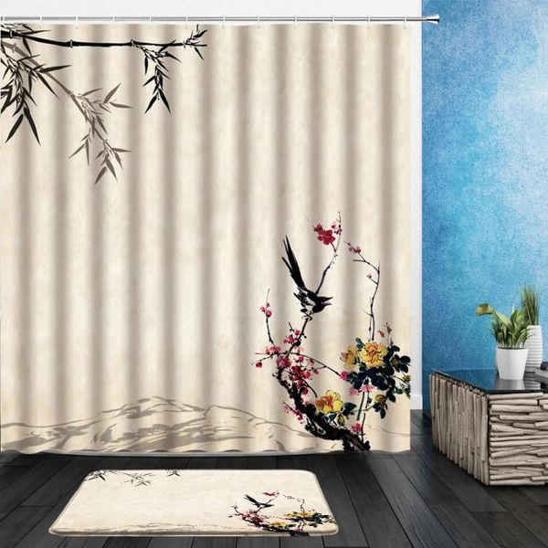 

shower curtains chinese style ink painting flowers birds scenery pattern bathroom decor cloth hanging curtain with flannel mat