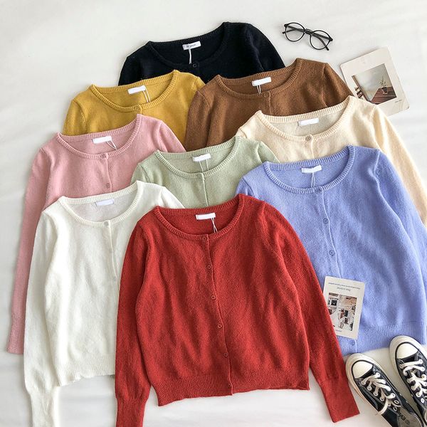 

korean autumn winter cardigan o neck solid color long-sleeve cardigan sweater short loose full knitted jacket women 210420, White;black