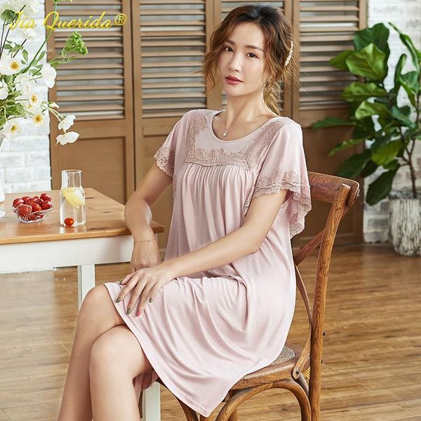 

women's sleepwear elegant nightgown victorian luxury lace trim round neck flared sleeved modal cotton summer big size 3xl pink night dr, Black;red