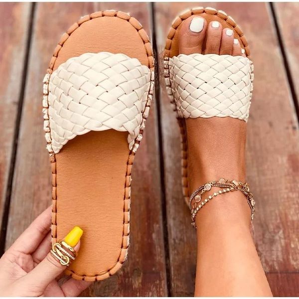 

summer women's slippers weave pu leather flat shoes ladies fashion slides casual zapatillas casa mujer sapatos femininos, Black