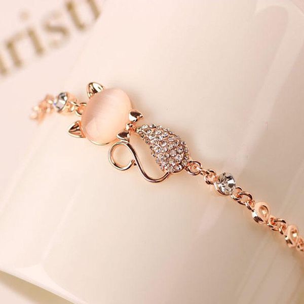 

rose gold alloy lovely cat bracelets for women femme children girl gift jewelry charms crystal opals rhinestone bangle chain charm, Golden;silver
